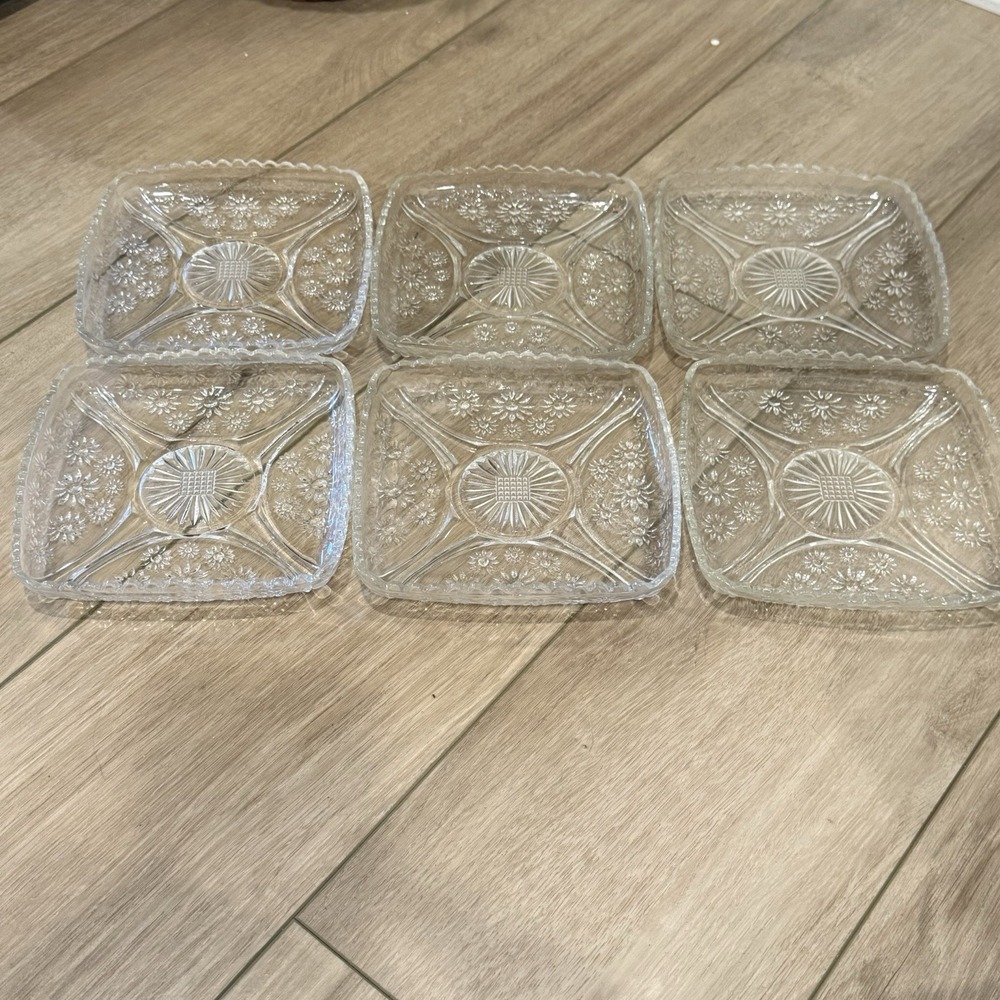 Vintage Clear Pressed Glass Daisy Flower Relish Snack Plates Set of 6 6" Square